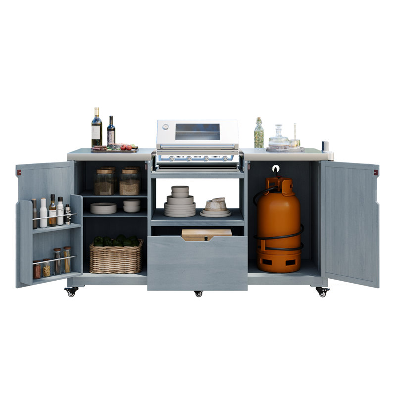 Îlot de cuisine extérieure K&K 66,5 po pour barbecues Big Green Egg, chariot en bois massif avec plateau en acier inoxydable, tiroir, gris-bleu