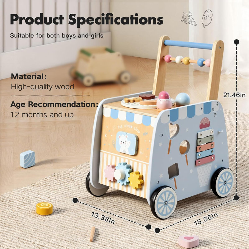 Poussette en bois pour bébé avec centre d'activités pour la crème glacée, trotteur Montessori pour tout-petits avec trieur de formes, labyrinthe et roues en caoutchouc