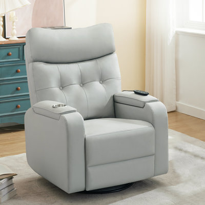 Oversized Modern Faux Leather Power Recliner with Swivel and Rocker, Massage and Heat, Double Storage Arm, Cup Holder,Timing and Type-C Port
