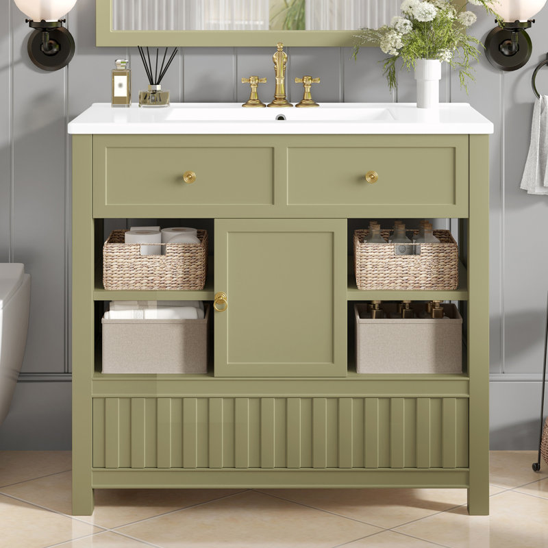 Meuble-lavabo multifonctionnel avec lavabo avec tablettes et tiroirs, Vert