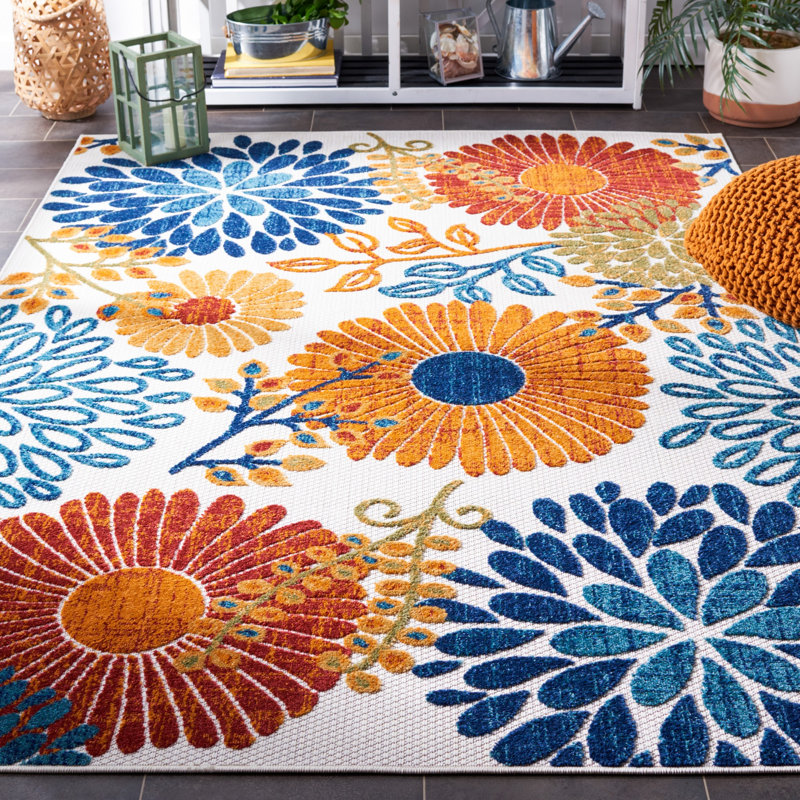 Kellems Performance Floral Indoor/Outdoor Area Rug, Rectangle 2' x 4', Blue/Orange/Cream