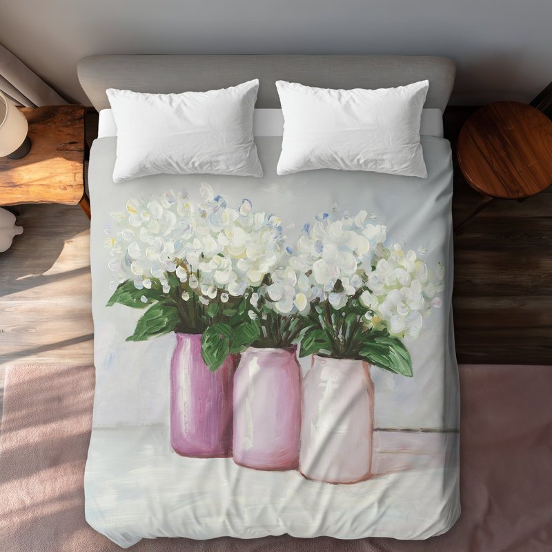 Hydrangea Flowers in Pink Vases | Romantic White Duvet Cover, Queen Duvet Cover