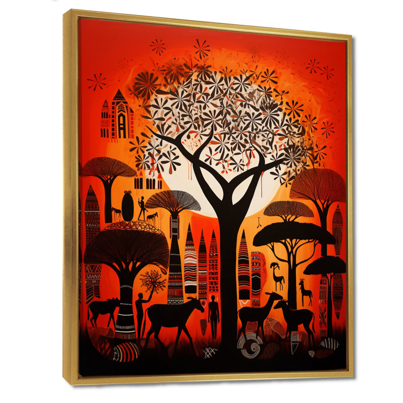 «Urban Tree Wild Savanne Animal Gathering», art mural africain, Toile avec cadre flottant or, H 32 po x l 16 po x P 1 po