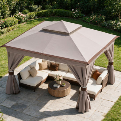 13 pi. L 10 pi. D Pavillon de jardin en acier avec double toit souple, rideaux et moustiquaire
