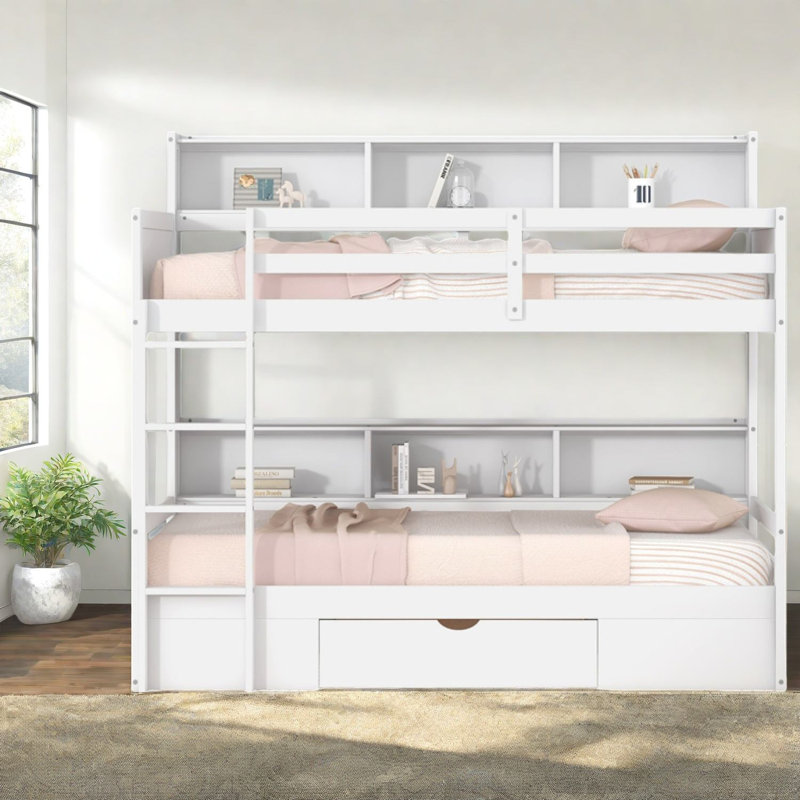 Lit superposé simple en bois de pin avec tablettes de rangement, idéal pour les dortoirs et les chambres d'enfants