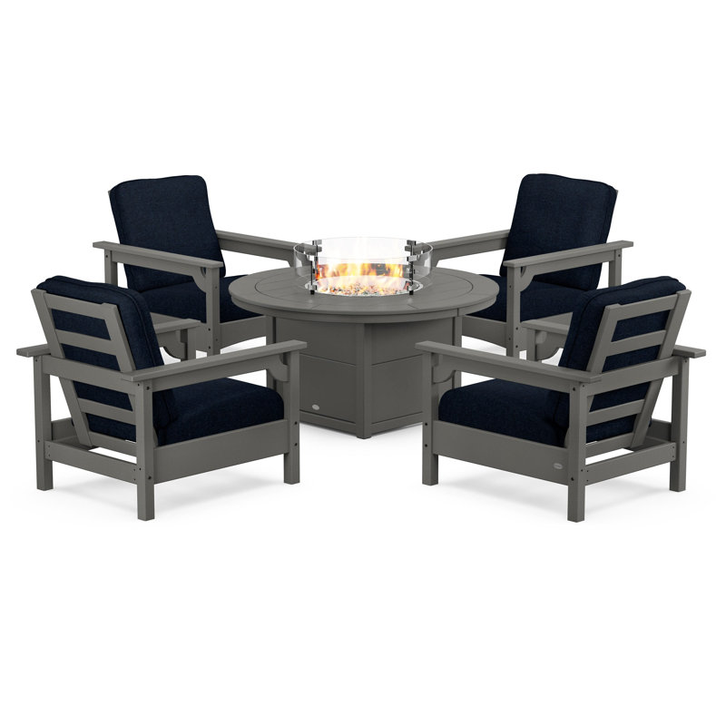 Club 5-Piece Conversation Set with Fire Pit Table, Slate Gray, Marine Indigo