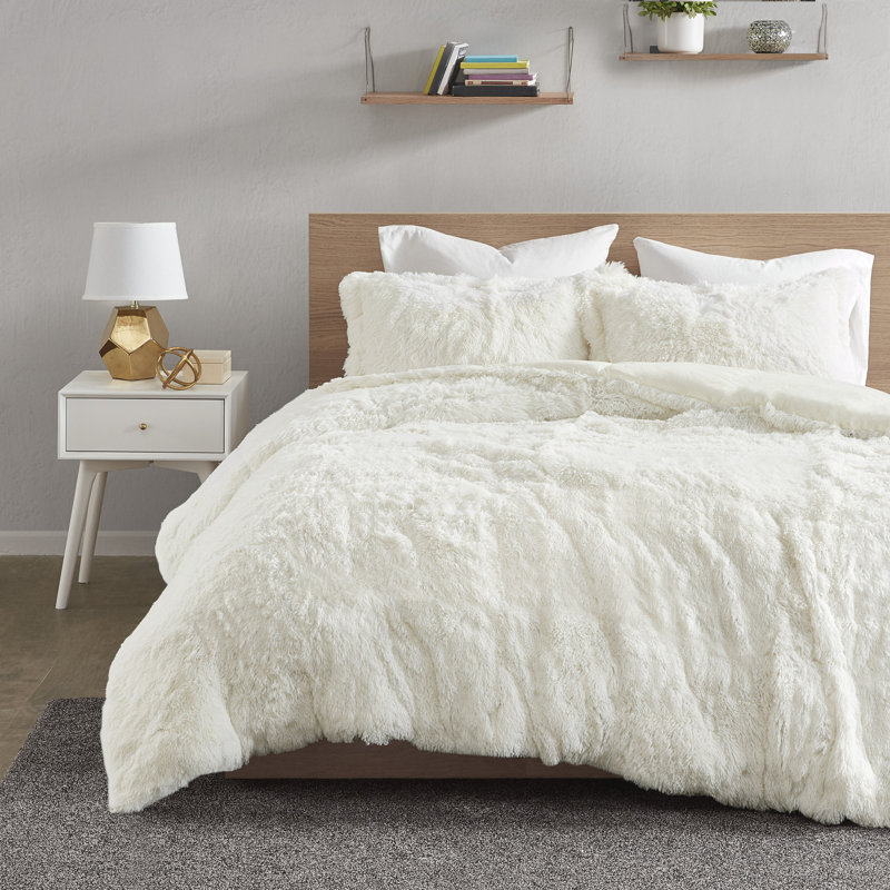 Malea Shaggy Faux Fur Ultra-Soft Duvet Cover Set, Full/Queen Duvet Cover + 2 Standard Shams, Ivory