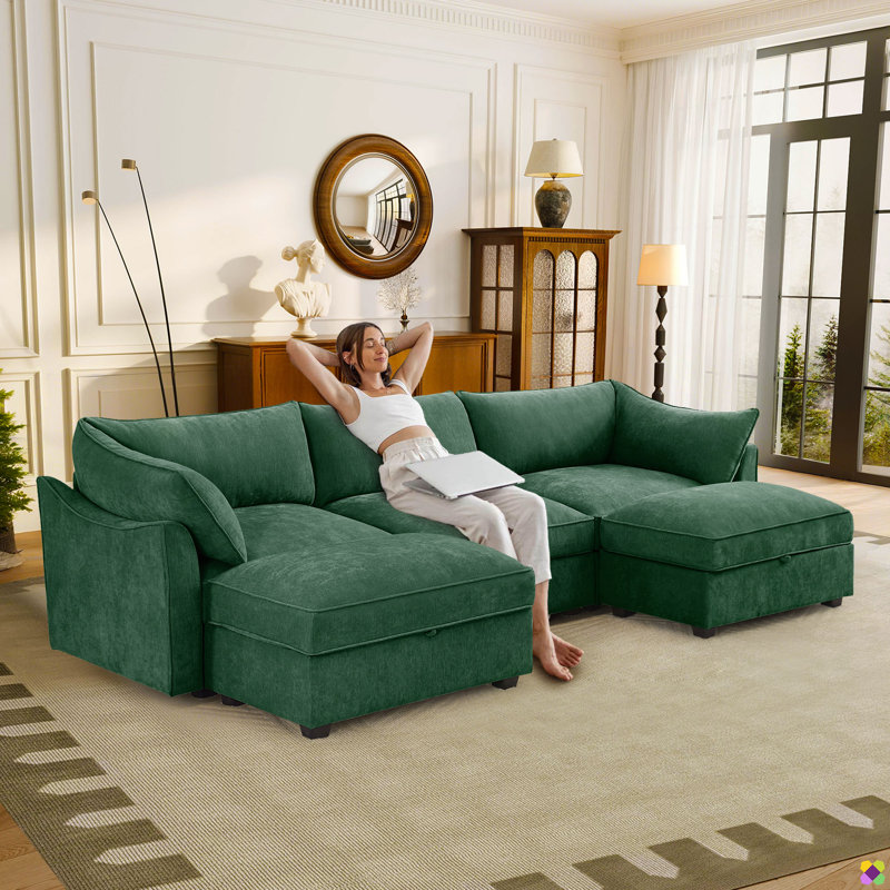 Eleen 5-piece 112.6"W Chenille Modular Sectional, Seat Underneath Storage Basket, 2 Storage Ottomans, Green Chenille