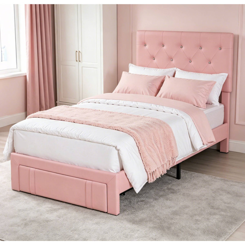 Ensemble de 2 têtes de lit tapissier simple à hauteur réglable avec tiroirs Murlene, Rose