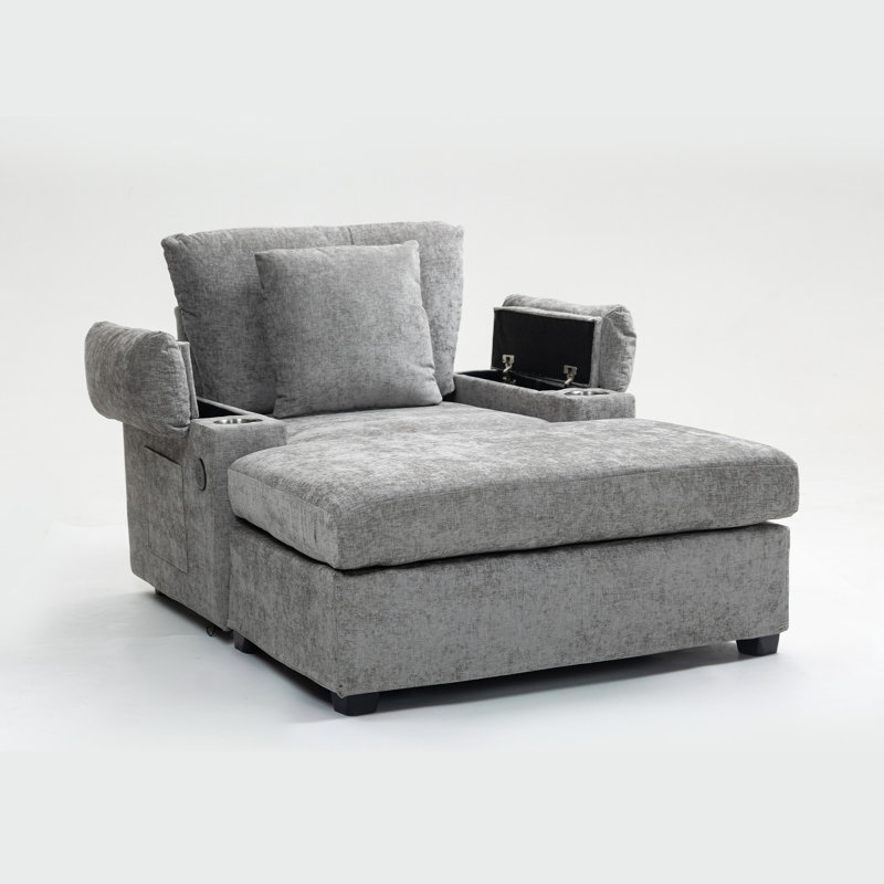 Fauteuil confortable en chenille gris avec porte-gobelets encastrés et accoudoir à abaissement lent pour conversion de lit surdimensionné recouvert d’appartement, ports de charge