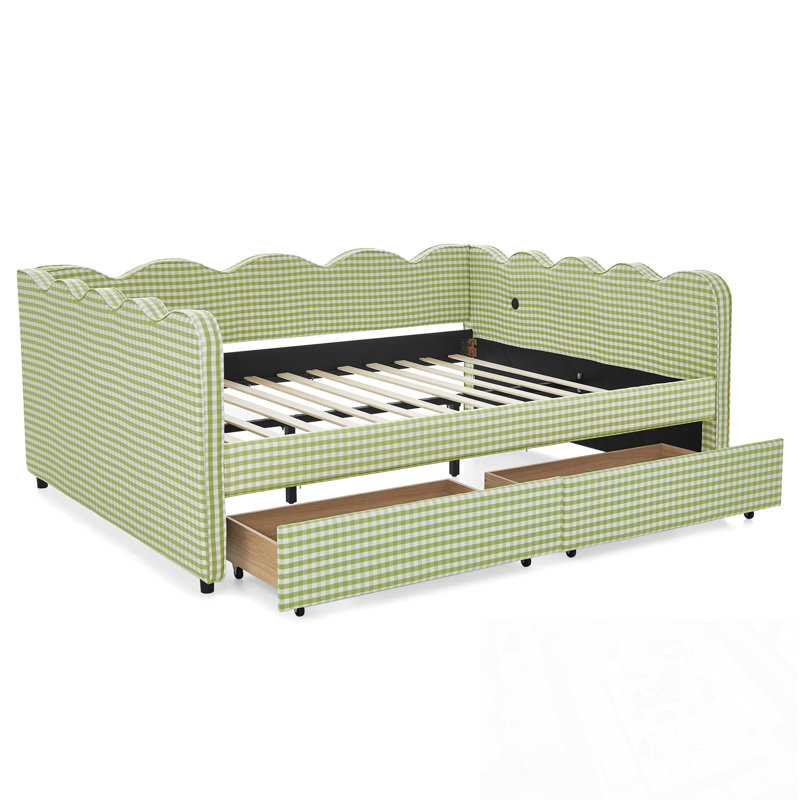 Queen Size Daybed with Two Storage Drawers and USB Port, Green