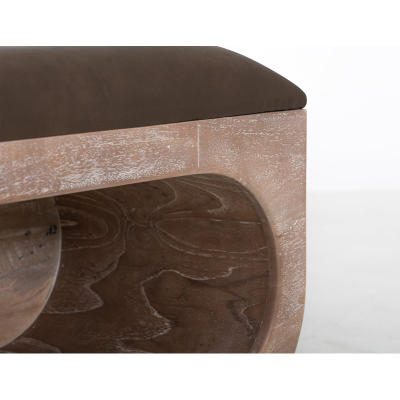 Wooden bench with a cushioned seat and open storage underneath., Brown, Natural