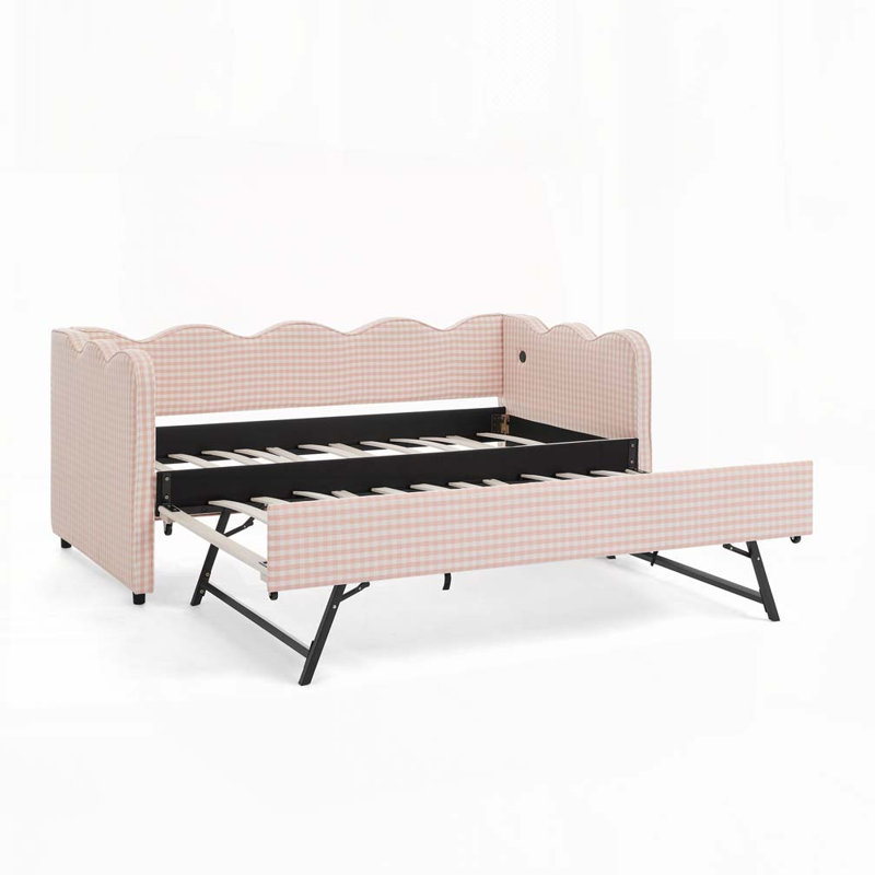 Upholstery Daybed with Pop-Up Trundle,USB Port, Pink