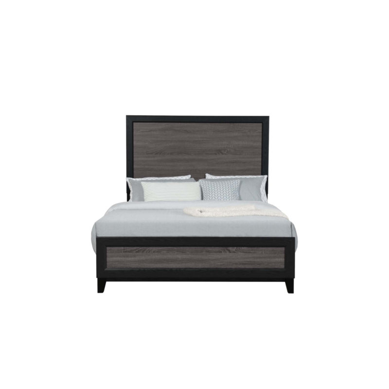 SOLUTO ET LIT: grand lit gris foncé / noir avec incrustation de bois rustique et support de lattes robuste, parfait pour les chambres modernes