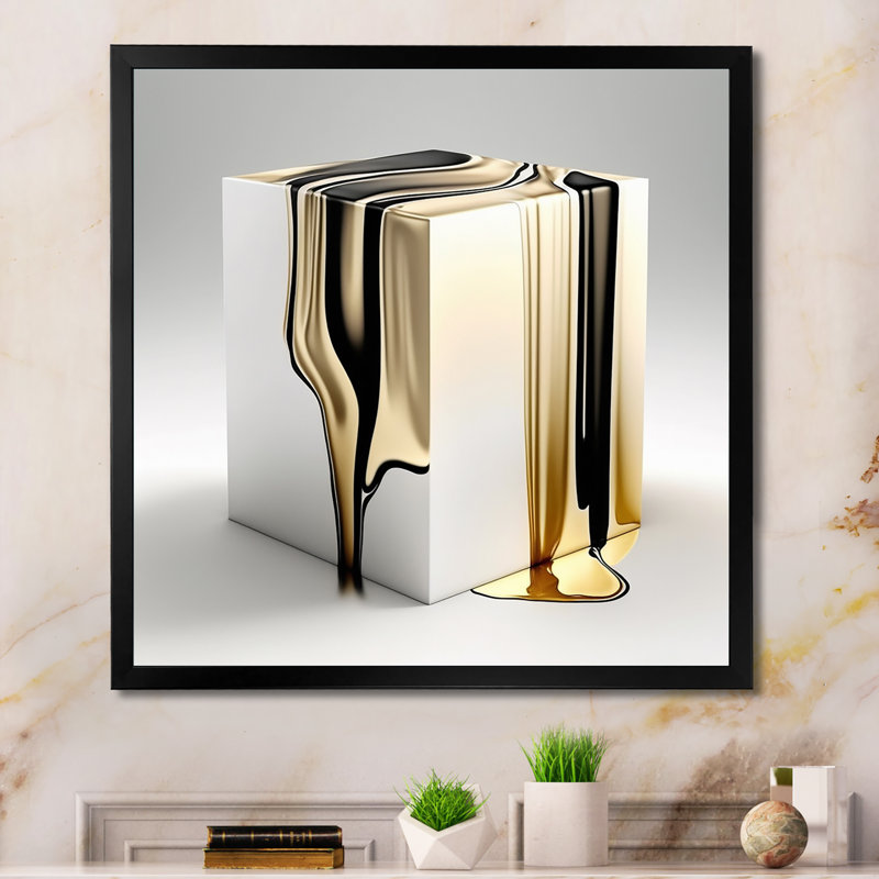 «Black and Gold Cubic Expression I» - Cubisme abstrait, impressions encadrées, H 30 po x l 30 po, Toile avec cadre, Noir