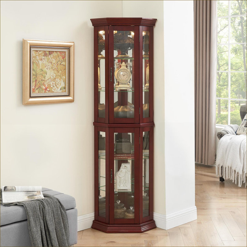 Armoires | Vitrine lumineuse pour vitrine, bois d'ingénierie, brun noyer, tablettes réglables en verre trempé, dossier en miroir | Traditionnel | Panneau de fibres à densité moyenne