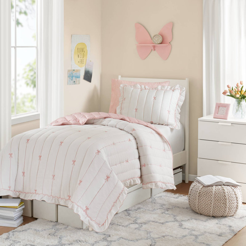 Charming Bow Embroidered Quilt Mini Set With Ruffle Trim And Soft Microfiber, Pink/White