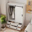 Armoire haute avec porte suspendue, tiroirs et tablettes ouvertes