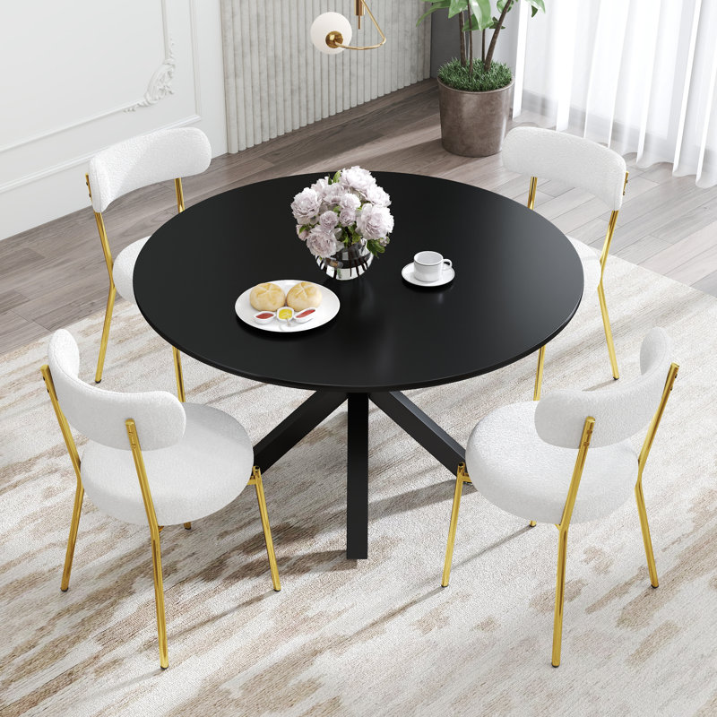 Ensemble de salle à manger à piédestal rond 5 pièces, Noir, Blanc / Doré