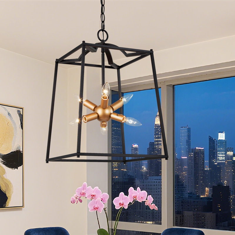 6-Light Black & Gold Farmhouse Lantern Pendant Lighting for Dining Room, Kitchen Island