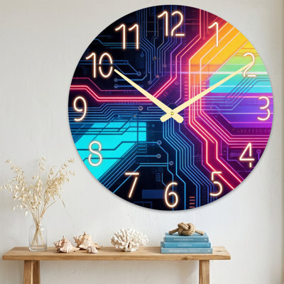 Abstract Neon Circuit Board Rainbow Design Clock Face Ultra Clear Glass Wall Clock