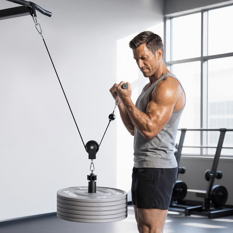Système de poulie, 1 système de poulie LAT et Lift, 1 support pour poulies de gymnastique avec deux câbles en acier, barre courte, poignées doubles, machine à câble pour biceps, épaules, dos, capacité jusqu'à 280 lb