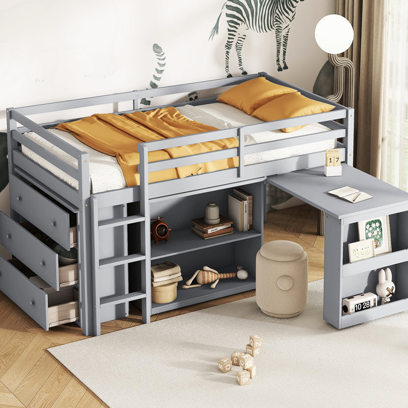Lit mezzanine simple protégé avec armoires et bureau, gris, Gris