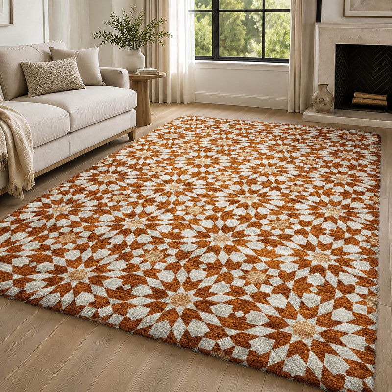 Washable Geometric Indoor Rug, Paprika, 3 pi x 5 pi