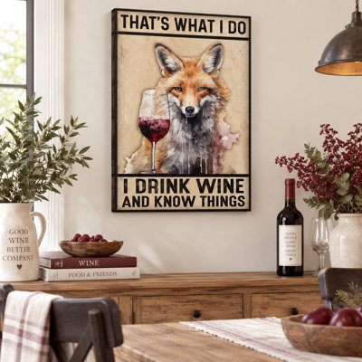 I Drink Wine And Know Things Watercolor Fox Wrapped Canvas Wall Art - Living Room, Bedroom, or Office Décor