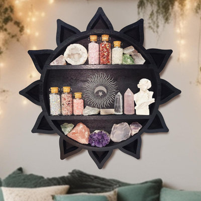 Wooden Lotus Wall Shelf - Crystal Display Shelf With Crescent Moon Design, Boho Floating Shelf For Gemstones, Spiritual Decor, Home Wall Organizer