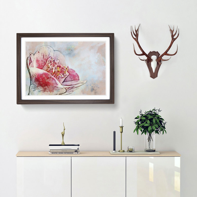 Blossoming Pink Camellia Flower in Abstract - Picture Frame Painting Print, 62cm H x 87cm W x 2cm D, Walnut Framed