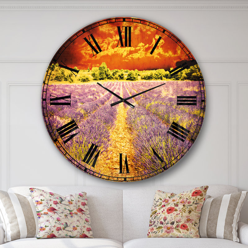 Magnifique champ de lavande et coucher de soleil - Horloge murale traditionnelle, Surdimensionné