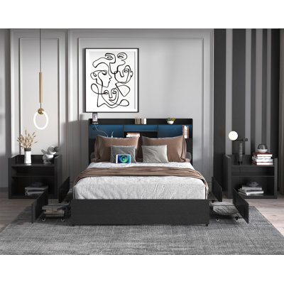 Queen Bed Frame With 4 Storage Drawers Queen Bed Frame With Headboard And Storage Shelf, Storage Bed With Led And Charging Station, No Noise
