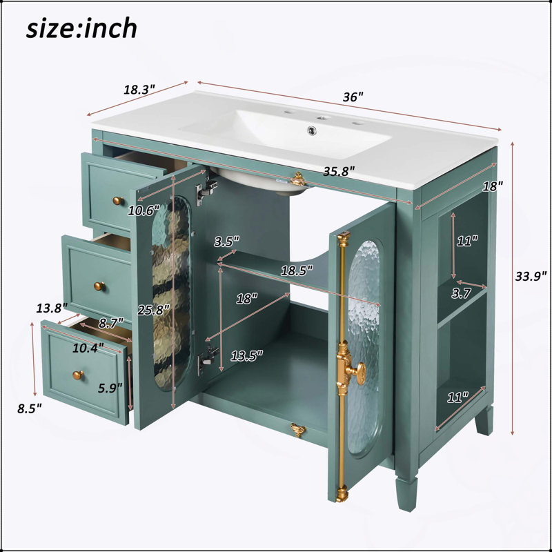 36-inch Modern Bathroom Vanity with 2 Soft Close Doors, 3 Drawers, and Durable Solid Wood Frame for Efficient Storage