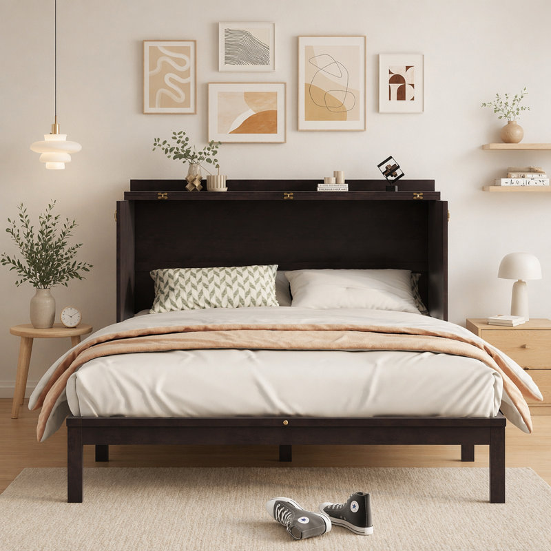 Grand lit escamotable, armoire-lit en bois de pin avec centrale électrique et panneau de décoration en rotin, Espresso