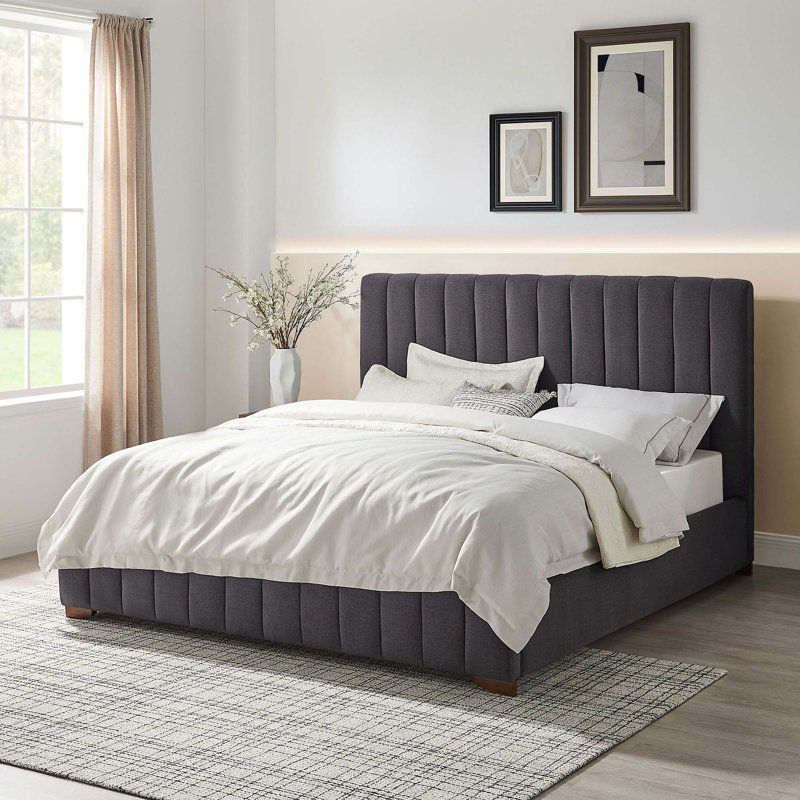 Modern Upholstered Platform Bed Frame With Headboard, Dark Grey, King