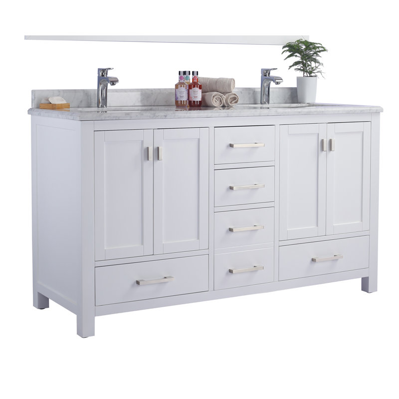 Ensemble de meuble-lavabo double 60 po Mariário, Blanc, Marbre de Carrare blanc