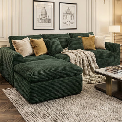 Canapé d'angle de 274 cm de haut, garnissage en mousse sans ossature (densité 30), coussins double couche moelleux, 4 places, forme en L, accoudoirs arrondis, dossier capitonné, assise confortable, style américain traditionnel, velours côtelé, design esthétique Quick Shape
