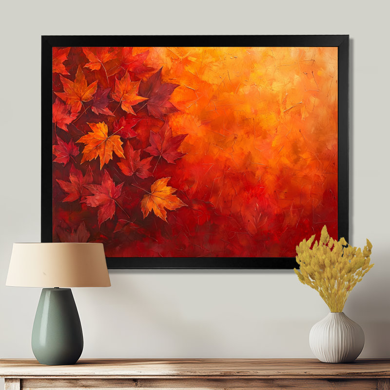Feuilles d'érable d'automne - art mural pour salon, H 12 po x l 20 po, Avec cadre, Noir