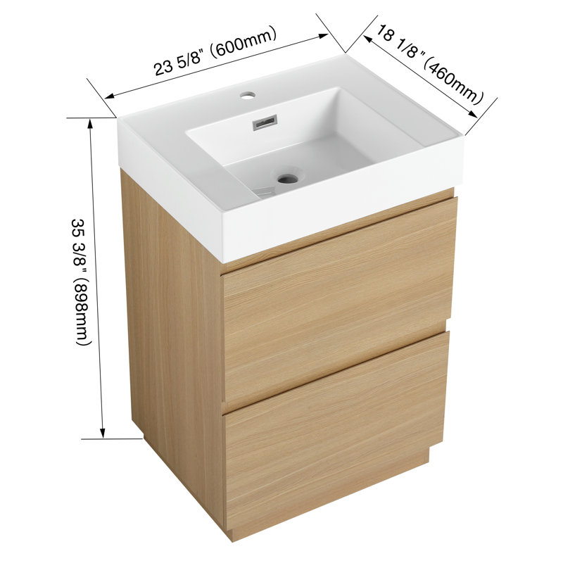 24" Single Freestanding Bathroom Vanity Set, Floor Standing Vanity With Resin Basin Sink Top, 2 Drawers, Beige, 24"