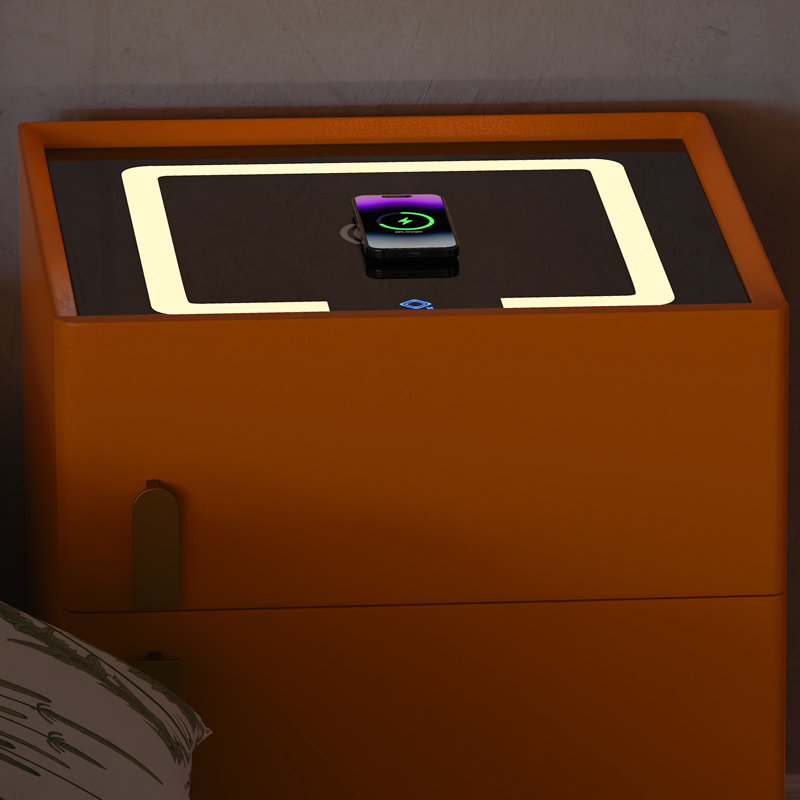Kendrianna Nightstand with Safe Box and LED Lights and Wireless Charge, Orange