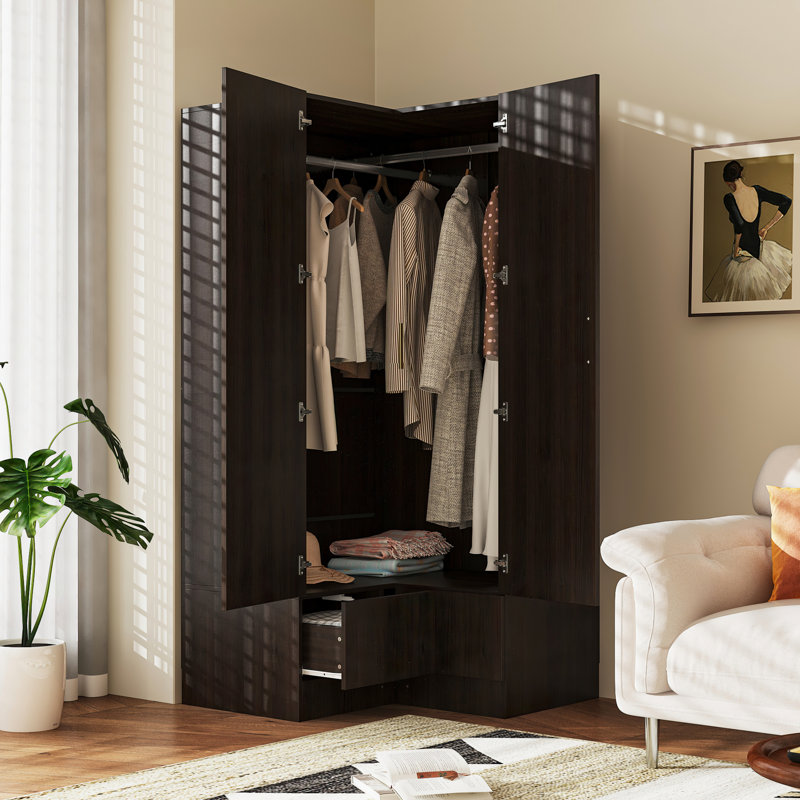 Modern Corner Wardrobe With Gold Handle And Spacious Storage - Contemporary Space-Saving Closet With Two Hanging Rods And Bottom Drawers