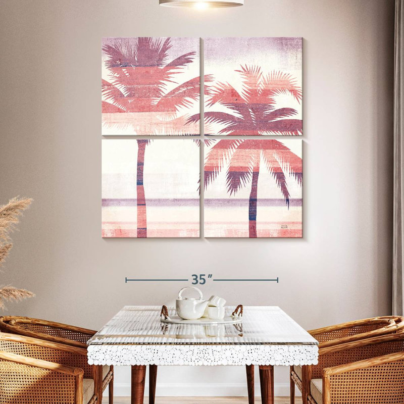 Harnek, paysage de plage, palmiers, rose, mauve, H 45 po x l 45 po
