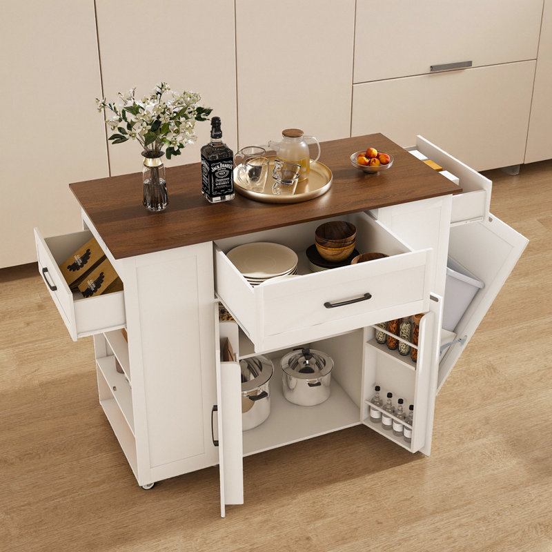 Îlot de cuisine mobile rustique de 46 po avec prise de courant, tablette réglable et tiroir - Chariot-bar à roulettes pour le rangement