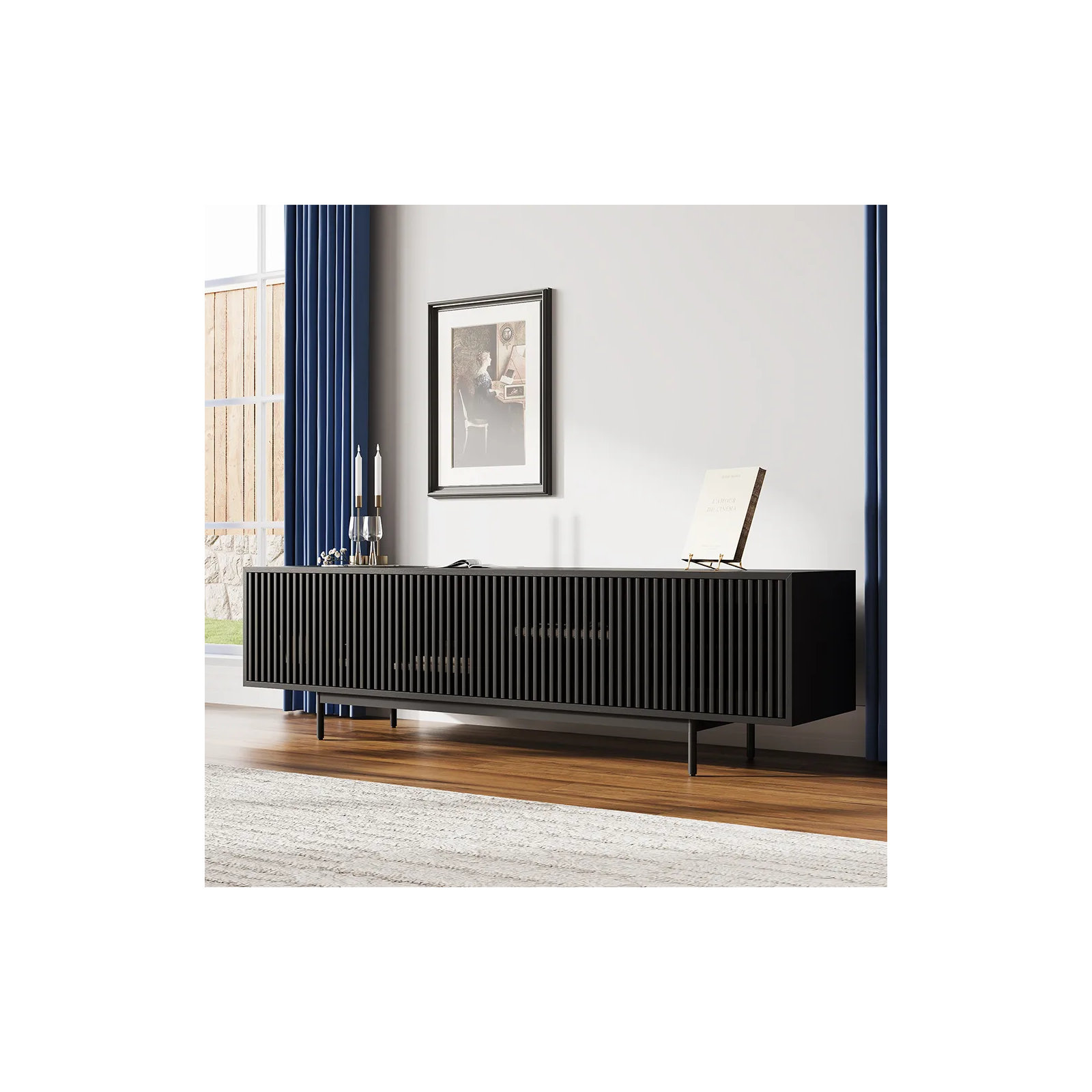 Daila Media Console, Black, 21.26" H x 78.74" W x 18.89" D