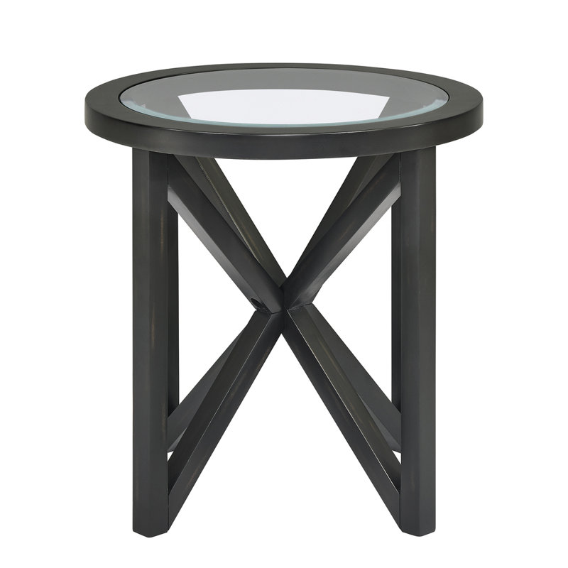 simple glass coffee table, tempered glass coffee table solid wood base round transparent glass top, Black 