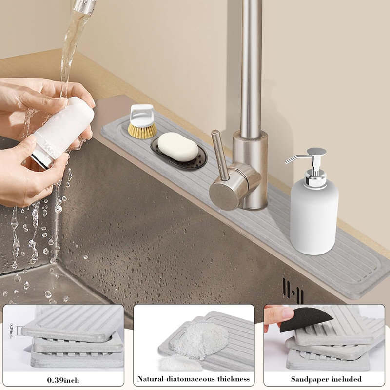 Tapis de robinet en pierre pour évier de cuisine, tapis d'évier de cuisine en pierre 15,7 po Diatomite super absorbant, pare-éclaboussures d'évier de cuisine en pierre, robinet d'évier à pierre à séchage rapide pour comptoir de salle de bain