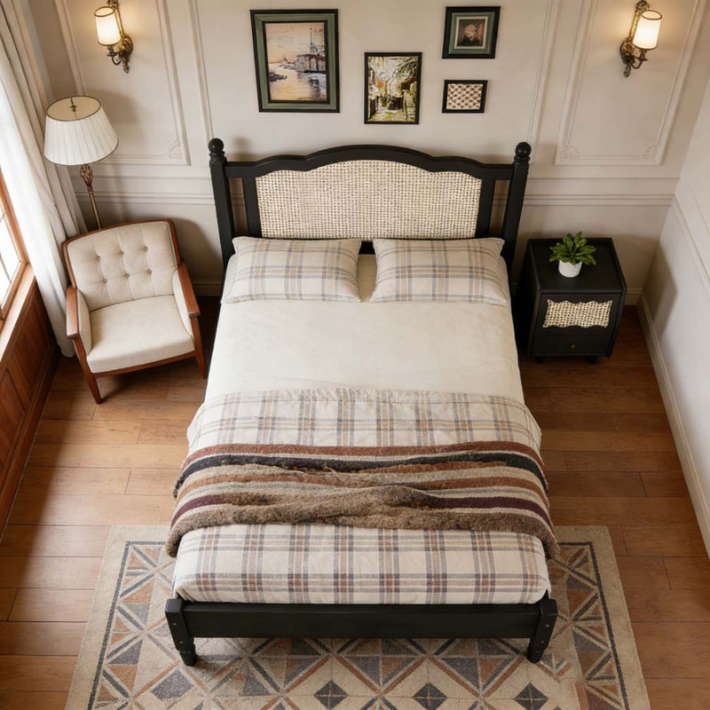 Grand lit plateforme en bois, Noir, Queen