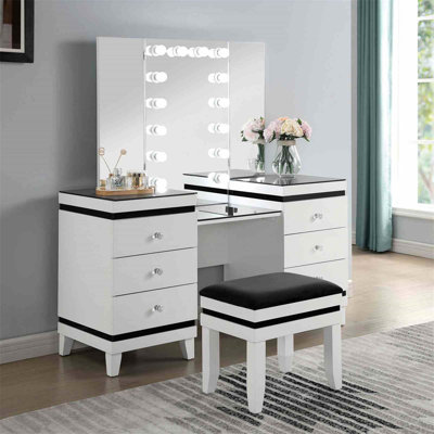 Ensemble de coiffeuse de style contemporain avec miroir à trois volets, 14 ampoules et tabouret rembourré pour un maquillage et un rangement élégants