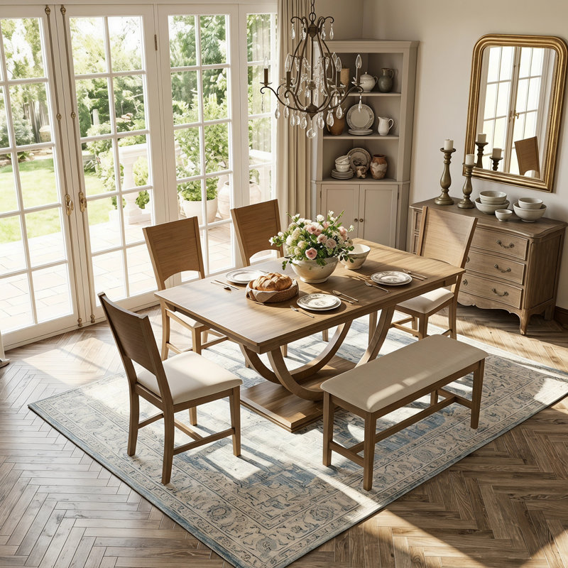 Ensemble de salle à manger 6 pièces en bois massif avec banc rembourré et chaises, table à pieds demi-ronds, ensemble de table de cuisine moderne pour 6